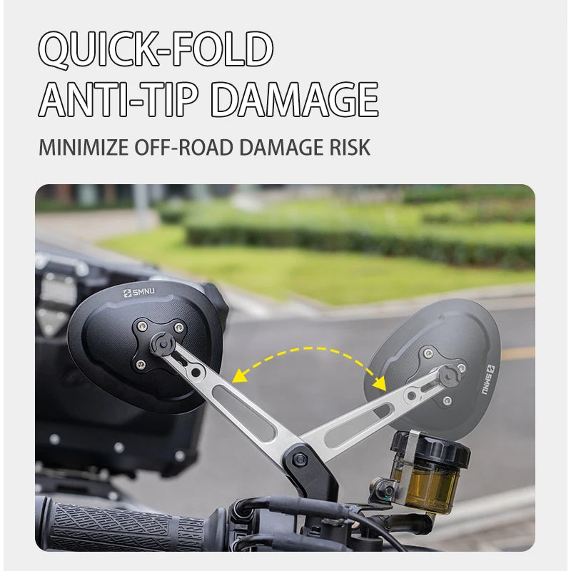 SMNU New Aluminum Alloy Foldable Motorcycle Rear View Mirrors Anti-Glare Blue Lenses Multi-Angle Adjustable Hydrophobic