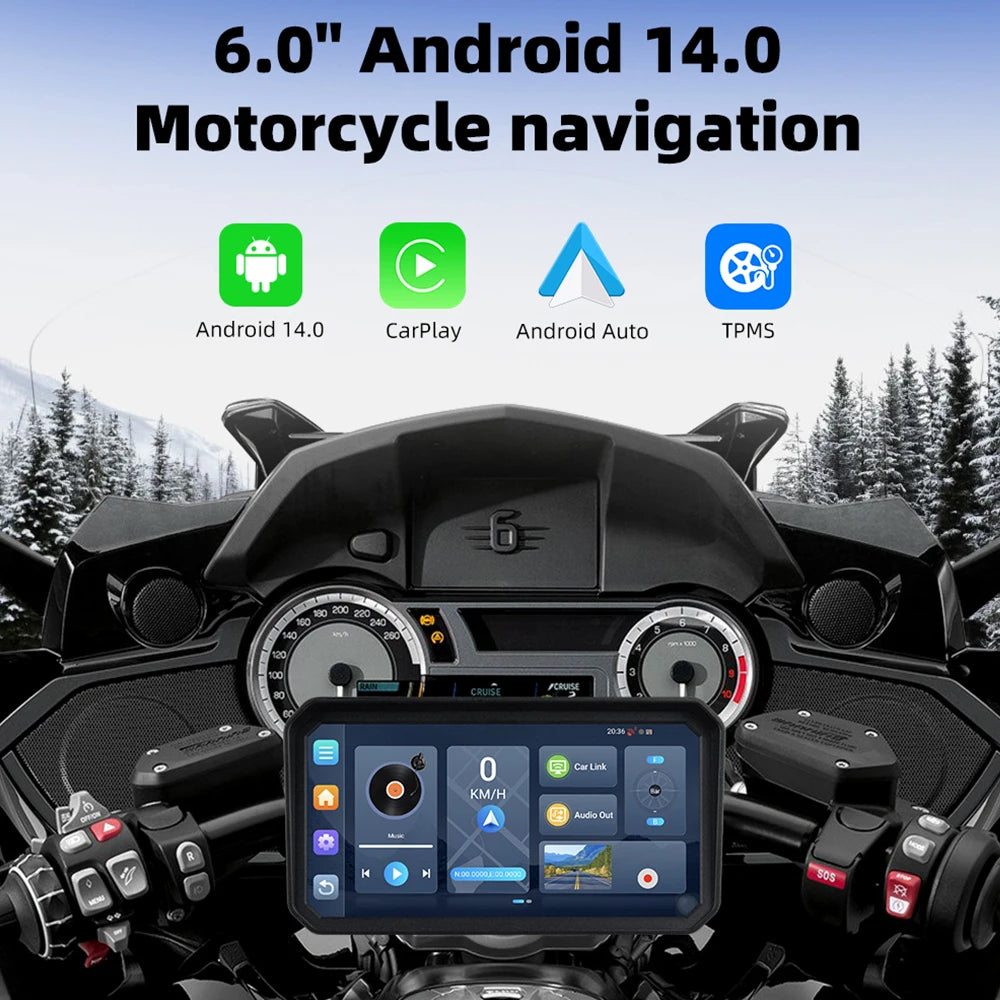 6" Portable Digital Motorcycle Dashboard GPS Motorcycle Navigation Screen Wireless CarPlay Moto Android Auto Android 14.0 TMPS