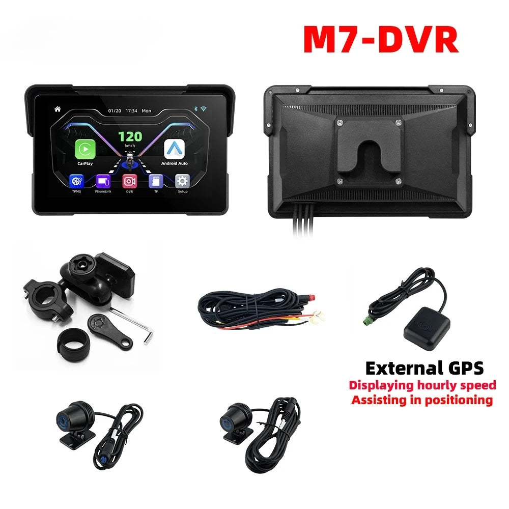 7.0 inch Wireless CarPlay Moto Android Auto Portable Digital Motorcycle Dashboard GPS Navigation Display Screen Monitor TMPS DVR