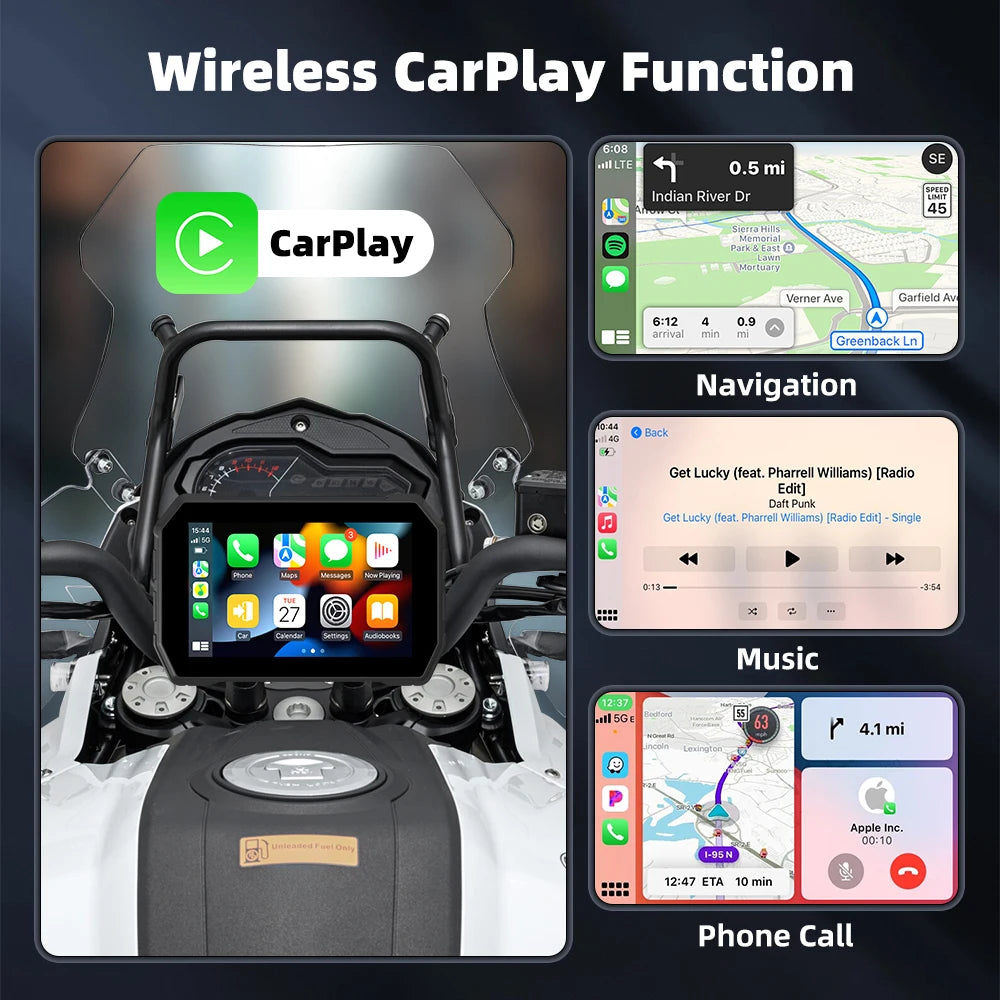 Wireless CarPlay Moto Android Auto Portable Digital Motorcycle Dashboard GPS Navigation Screen 5 inch Dustproof Waterproof  TMPS