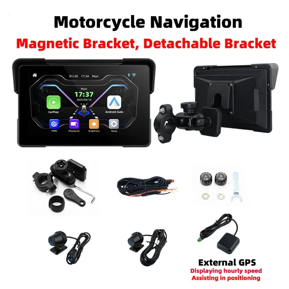 7.0 inch Wireless CarPlay Moto Android Auto Portable Digital Motorcycle Dashboard GPS Navigation Display Screen Monitor TMPS DVR