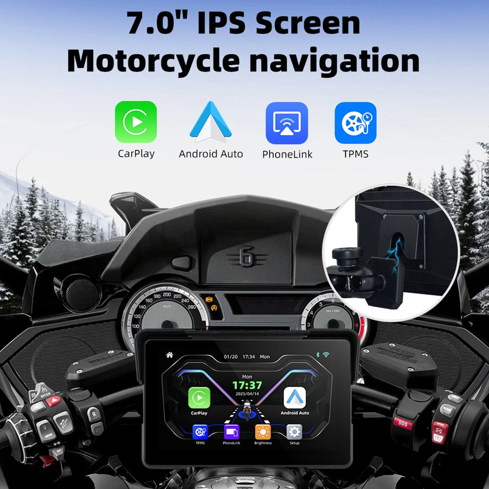 7.0 inch Wireless CarPlay Moto Android Auto Portable Digital Motorcycle Dashboard GPS Navigation Display Screen Monitor TMPS DVR
