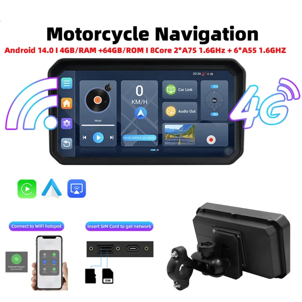 6" Portable Digital Motorcycle Dashboard GPS Motorcycle Navigation Screen Wireless CarPlay Moto Android Auto Android 14.0 TMPS
