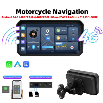 6" Portable Digital Motorcycle Dashboard GPS Motorcycle Navigation Screen Wireless CarPlay Moto Android Auto Android 14.0 TMPS