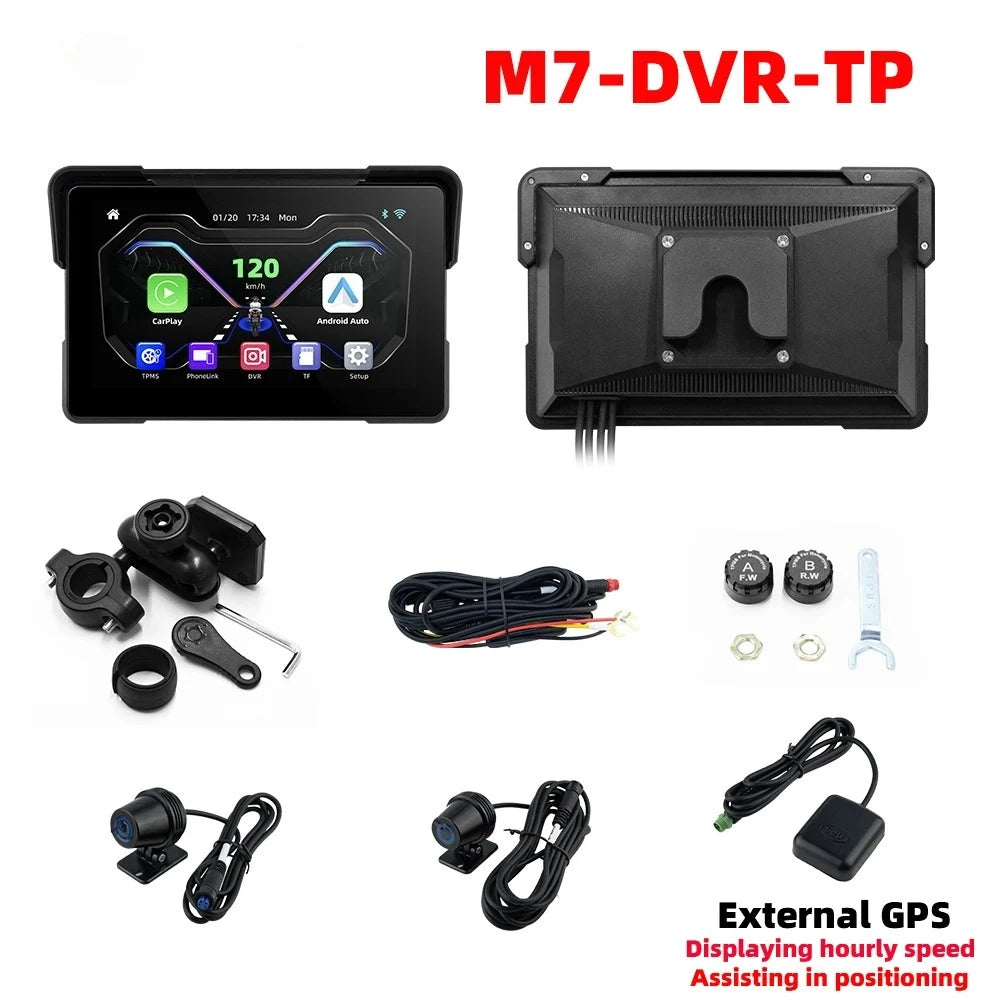 7.0 inch Wireless CarPlay Moto Android Auto Portable Digital Motorcycle Dashboard GPS Navigation Display Screen Monitor TMPS DVR